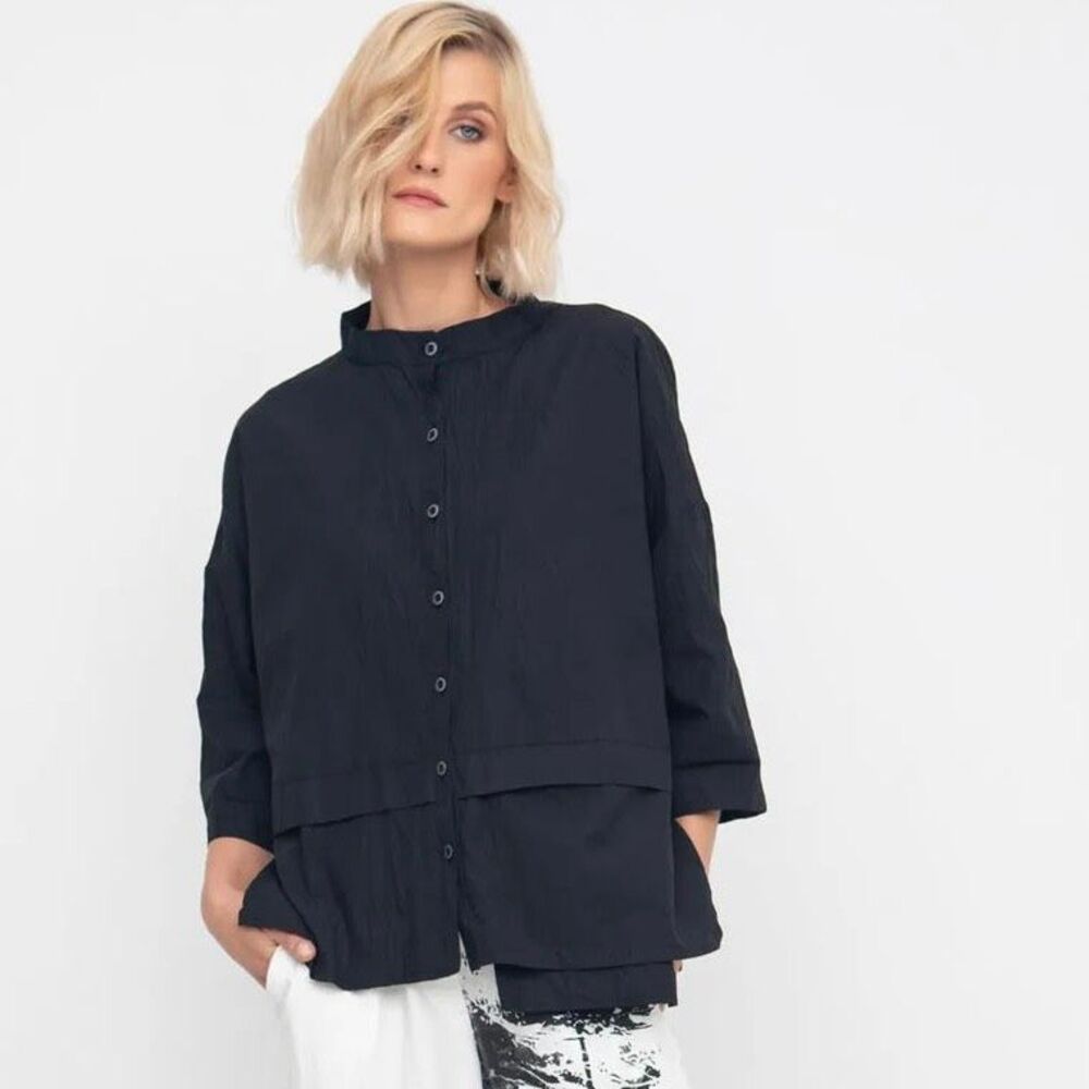OZAI N KU Crinkle Funnel Shirt Blouse Avant Garde Lagenlook Black  XS